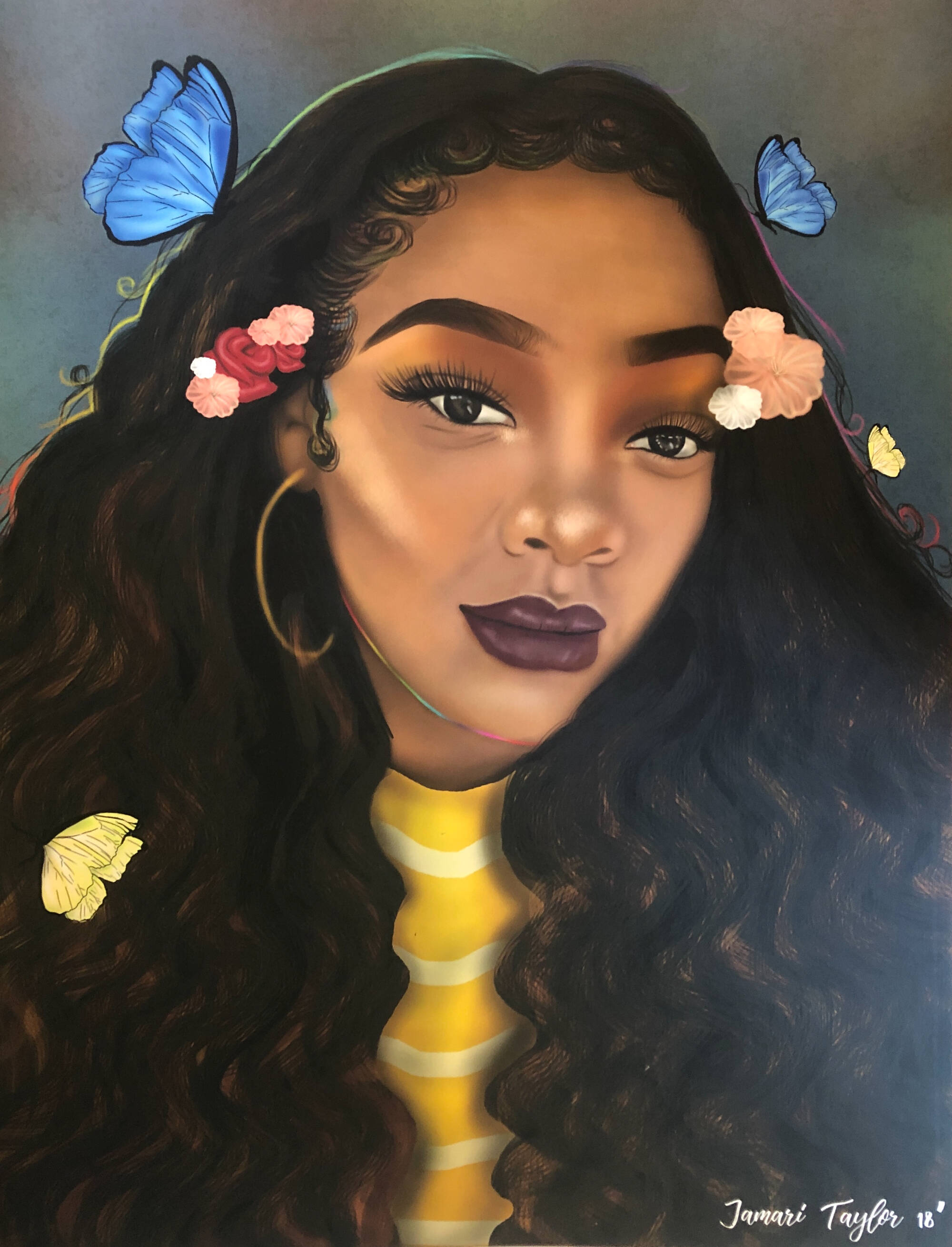 Computer generated self portrait of the artist, a woman with long dark hair with flowers, a yellow striped shirt, and butterflies around her face.